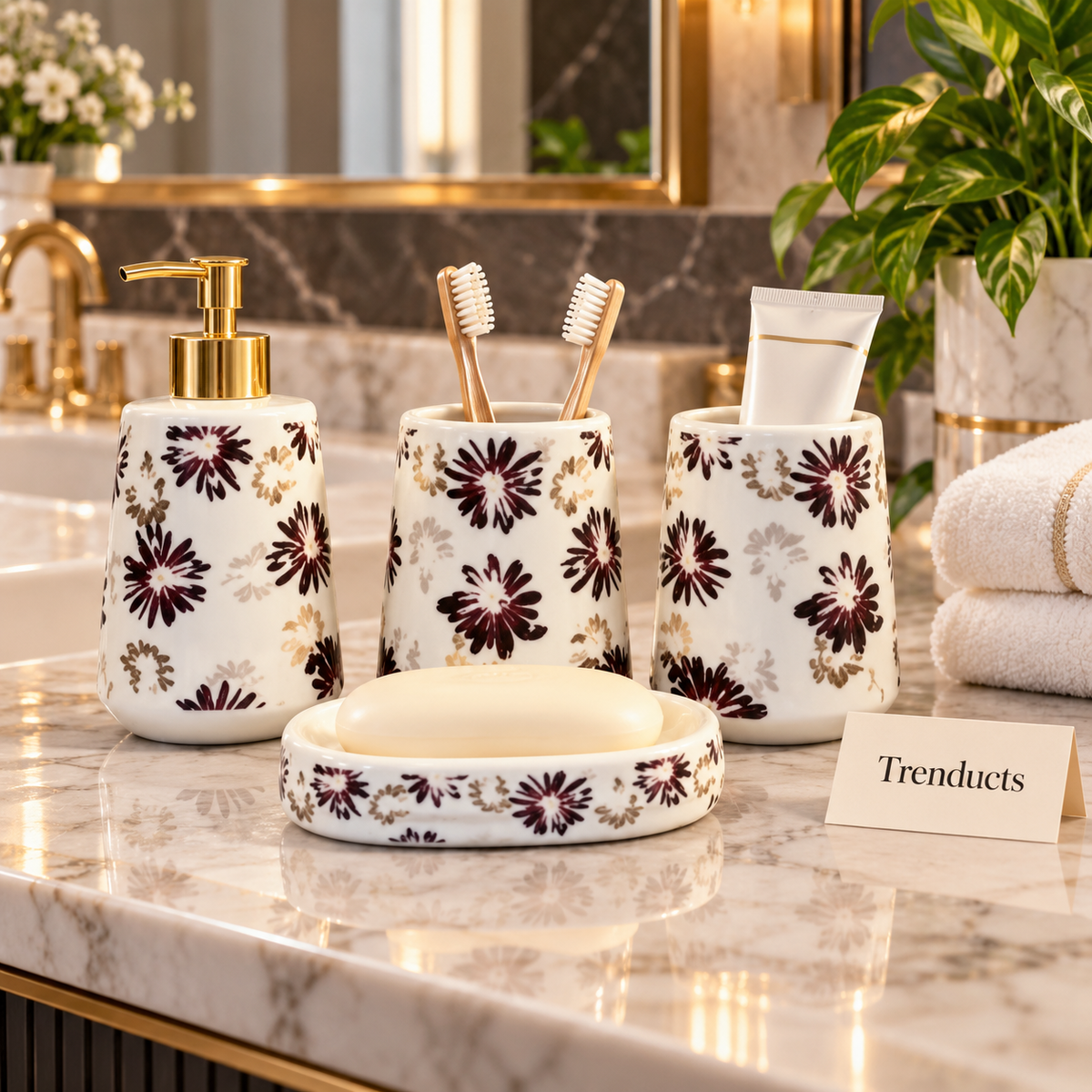 Brilliant 4-Piece Porcelain Bathroom Set - White Dark Flower