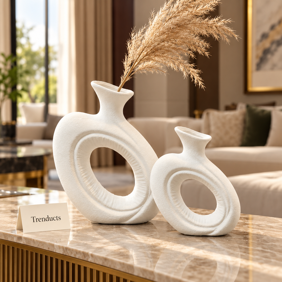 White Sculptural Loop Vase - Textured Ceramic Ring