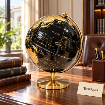 World Globe in black and gold on a wooden study desk beside books | Trenducts