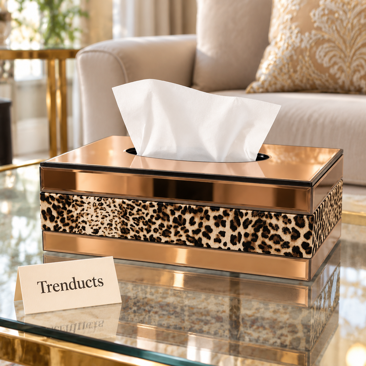 Luxury Leopard Print Tissue Box Cover - Beige with Metallic Trim
