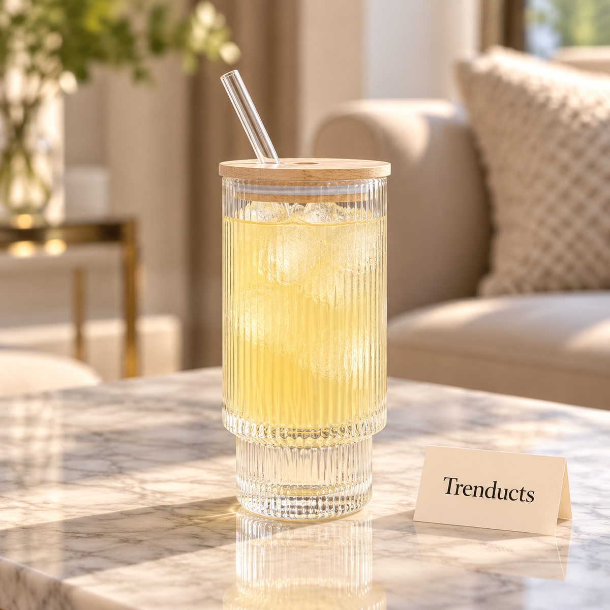 Glass Tumbler with Bamboo Lid and Straw - Ribbed Design