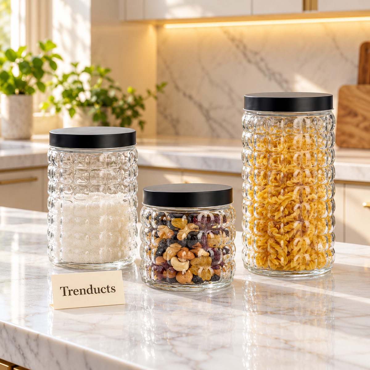 Glass Jars Set - 3 Textured Jars with Black Lids