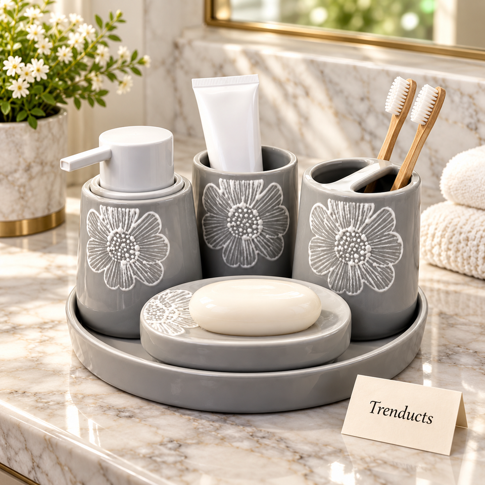Brilliant 5 Piece Bathroom Set - Grey & White Flowers