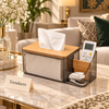Acrylic Tissue Box Organizer with Side Compartment and Wood-Look Lid