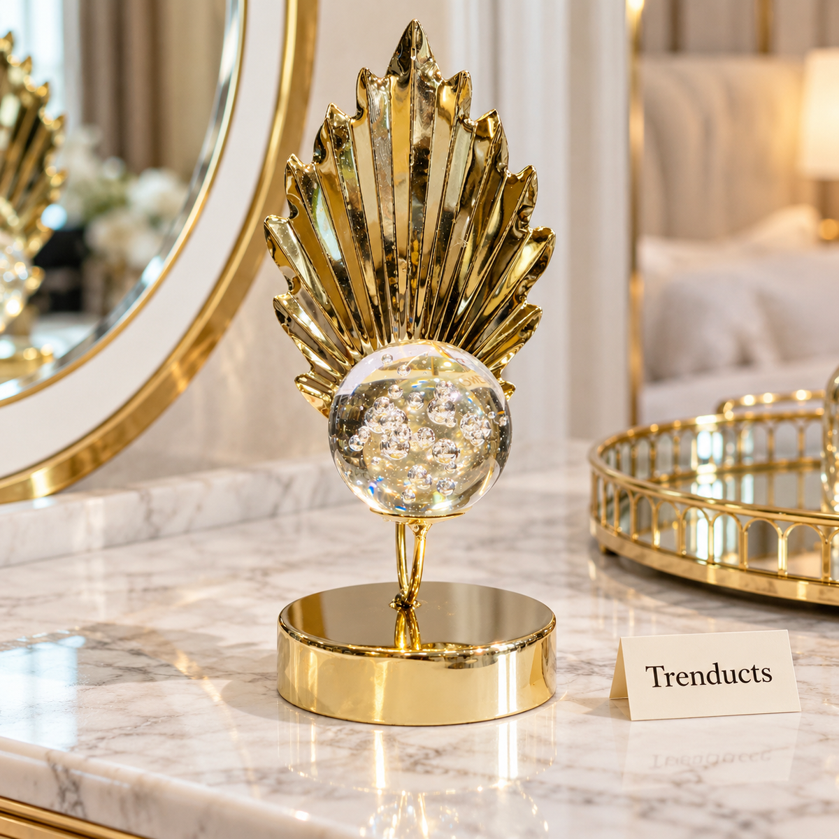 Luxury Showpiece - Gold Shell Fan with Crystal Bubble Ball