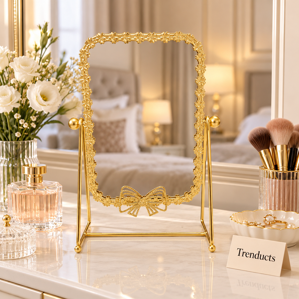 Elegant Gold Table Mirror - Rectangle Flower Frame & Bow