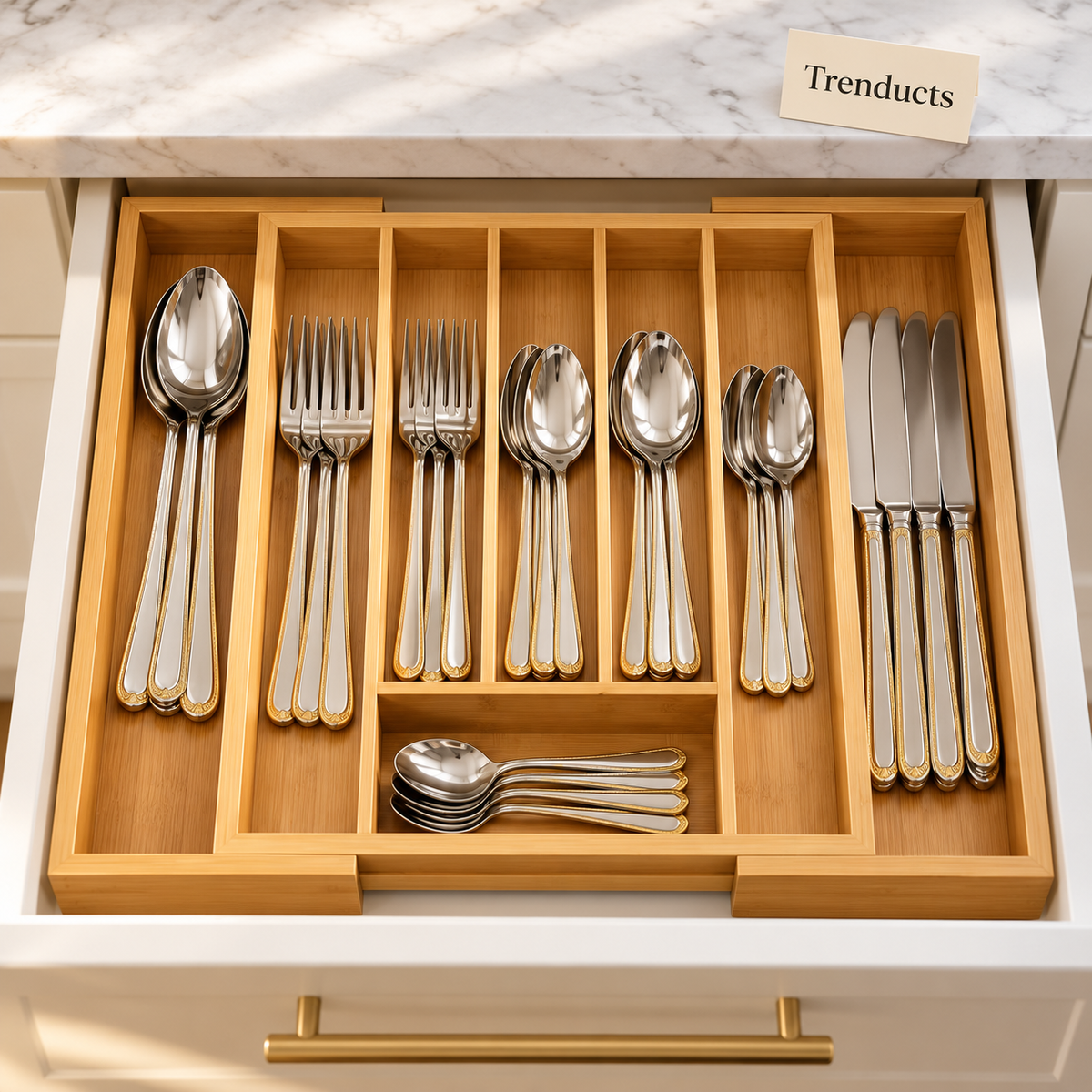 Bamboo Cutlery Organizer - Expandable Drawer Tray