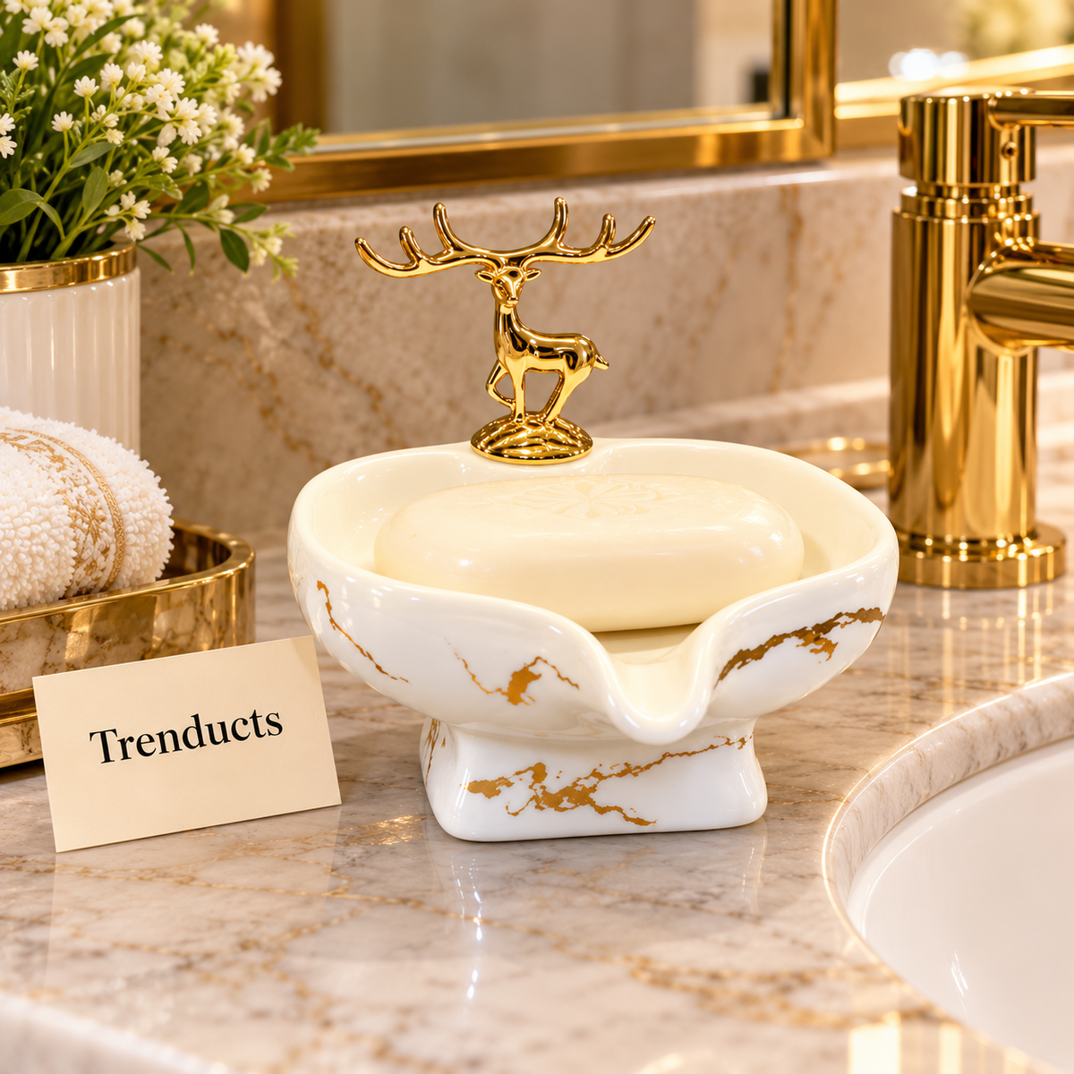 Brilliant Soap Dish with Gold Deer - Cream Porcelain with Gold Veins
