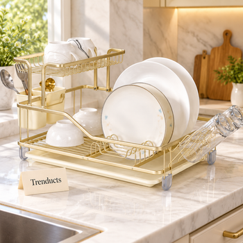 Gold Dish Rack with plates in a kitchen | Trenducts