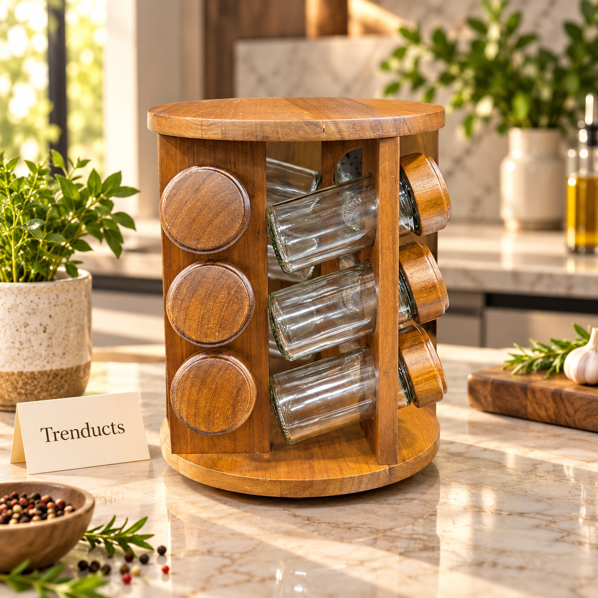 Revolving Wooden Spice Rack Tower with Glass Jars