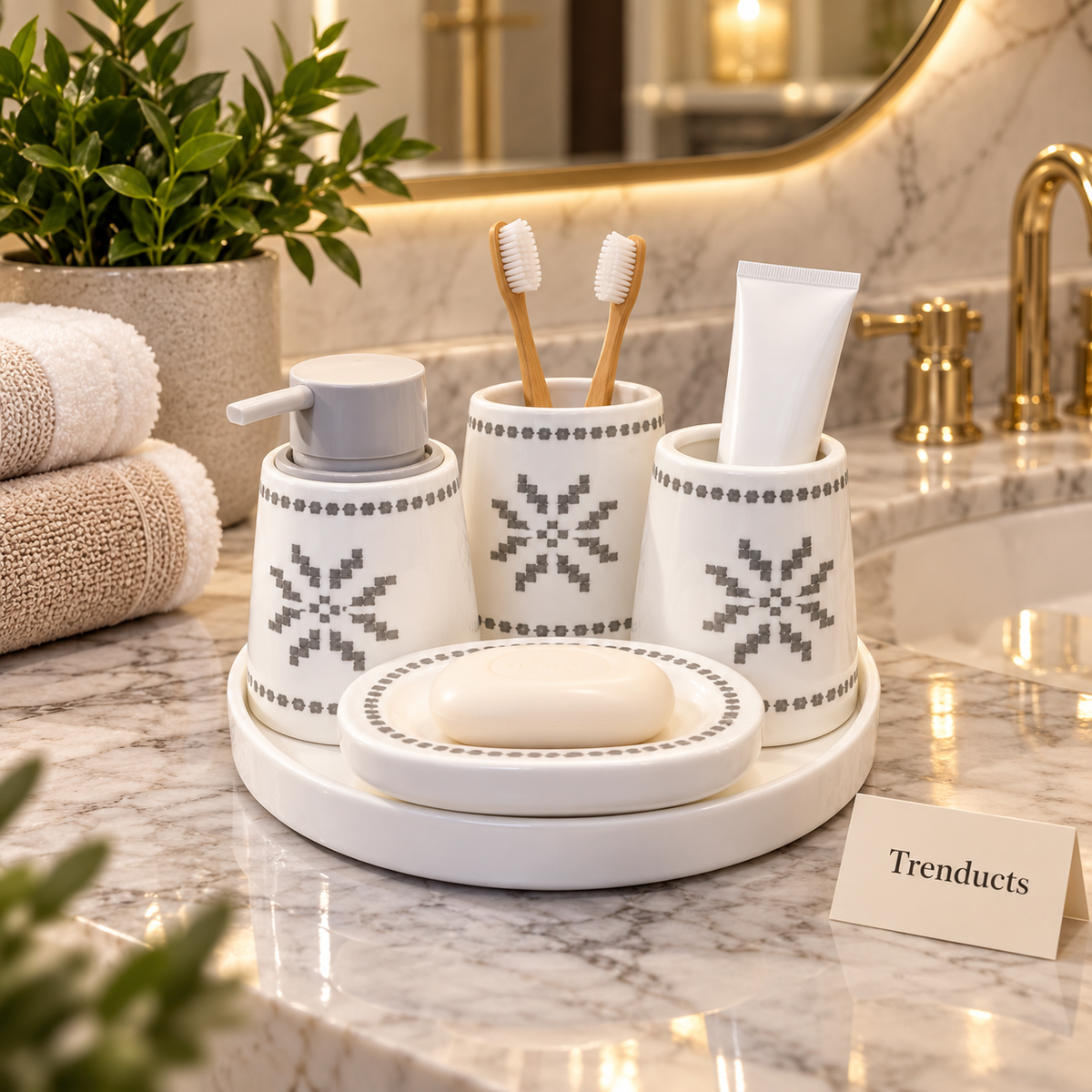Brilliant 5 Piece Bathroom Set - White & Grey Stars
