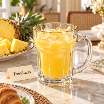 Juice mug filled with pineapple juice and ice on a table | Trenducts
