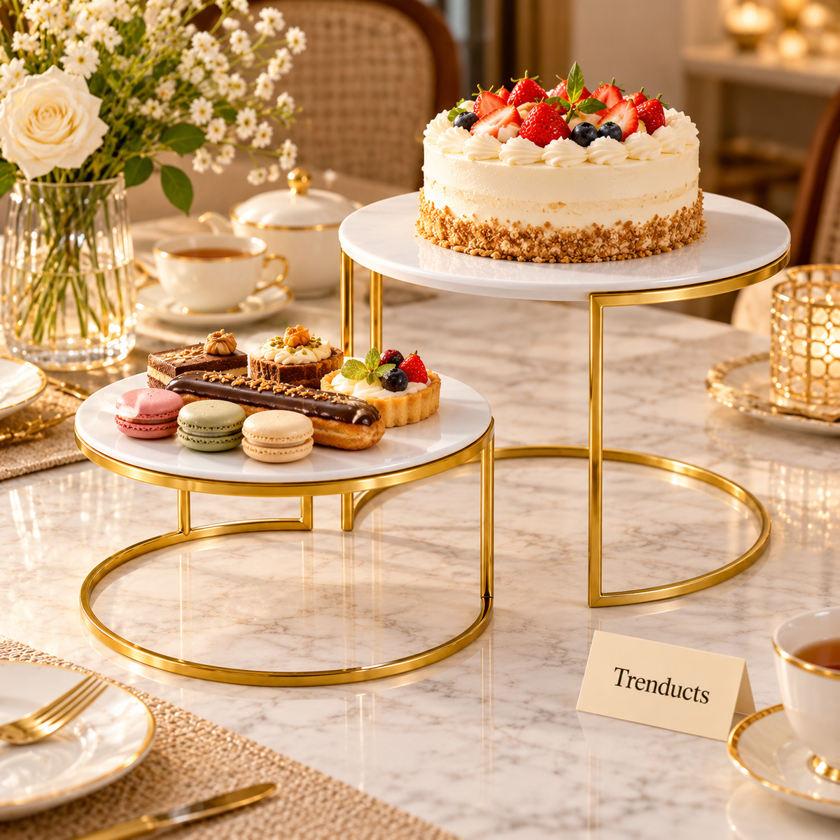 Brilliant Round Plate Stand Set - 9″ & 11″ White & Gold