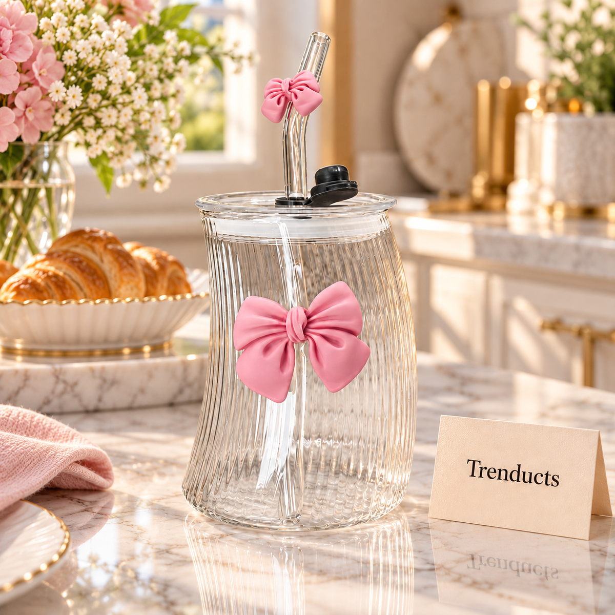450ml Tilted Mason Jar Bow Glass Sipper with Straw (Random Color)