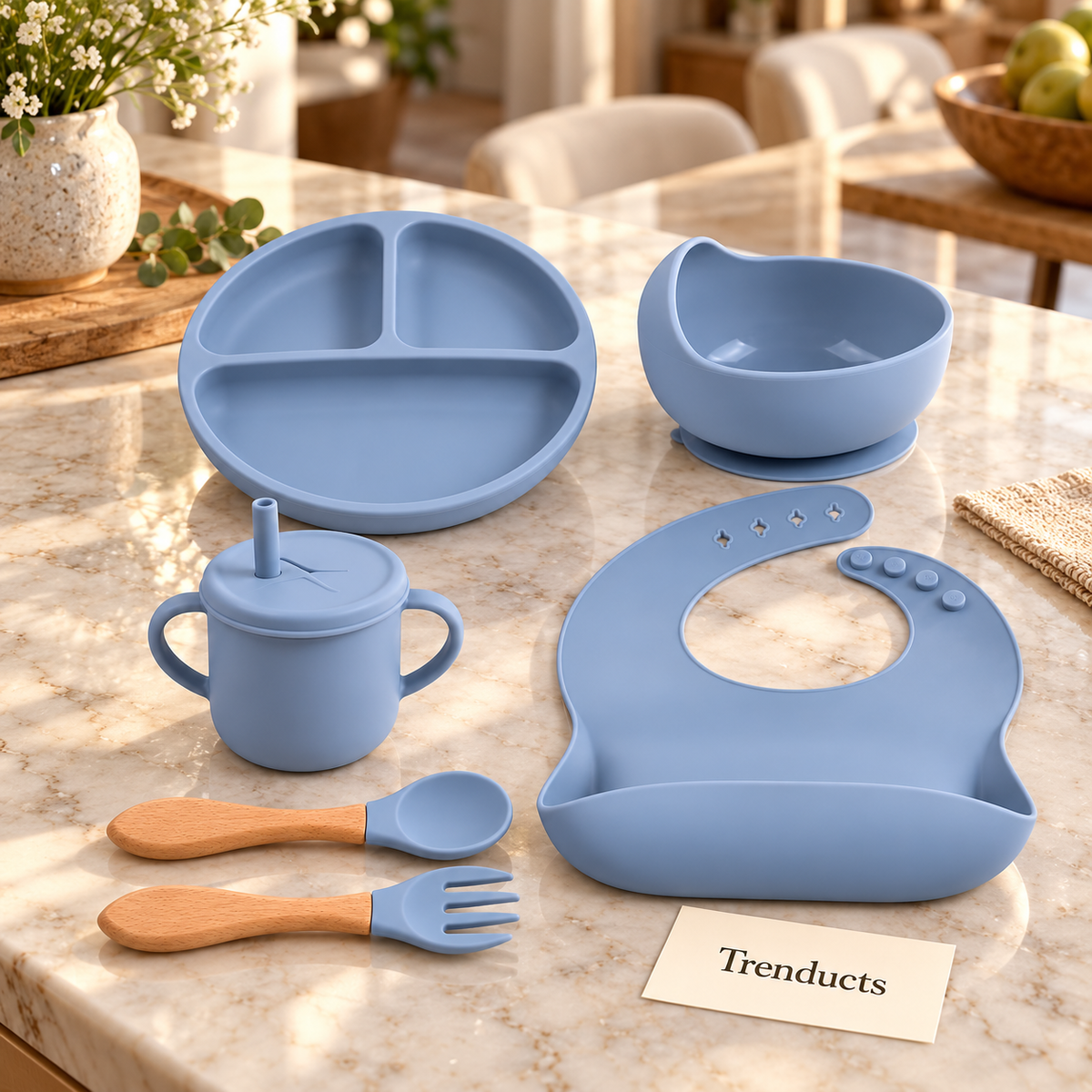Silicone Baby Feeding Set with Bib, Divided Plate, Bowl and Cup