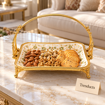 Basket Tray With Handle holding dry fruits and biscuits on a table | Trenducts