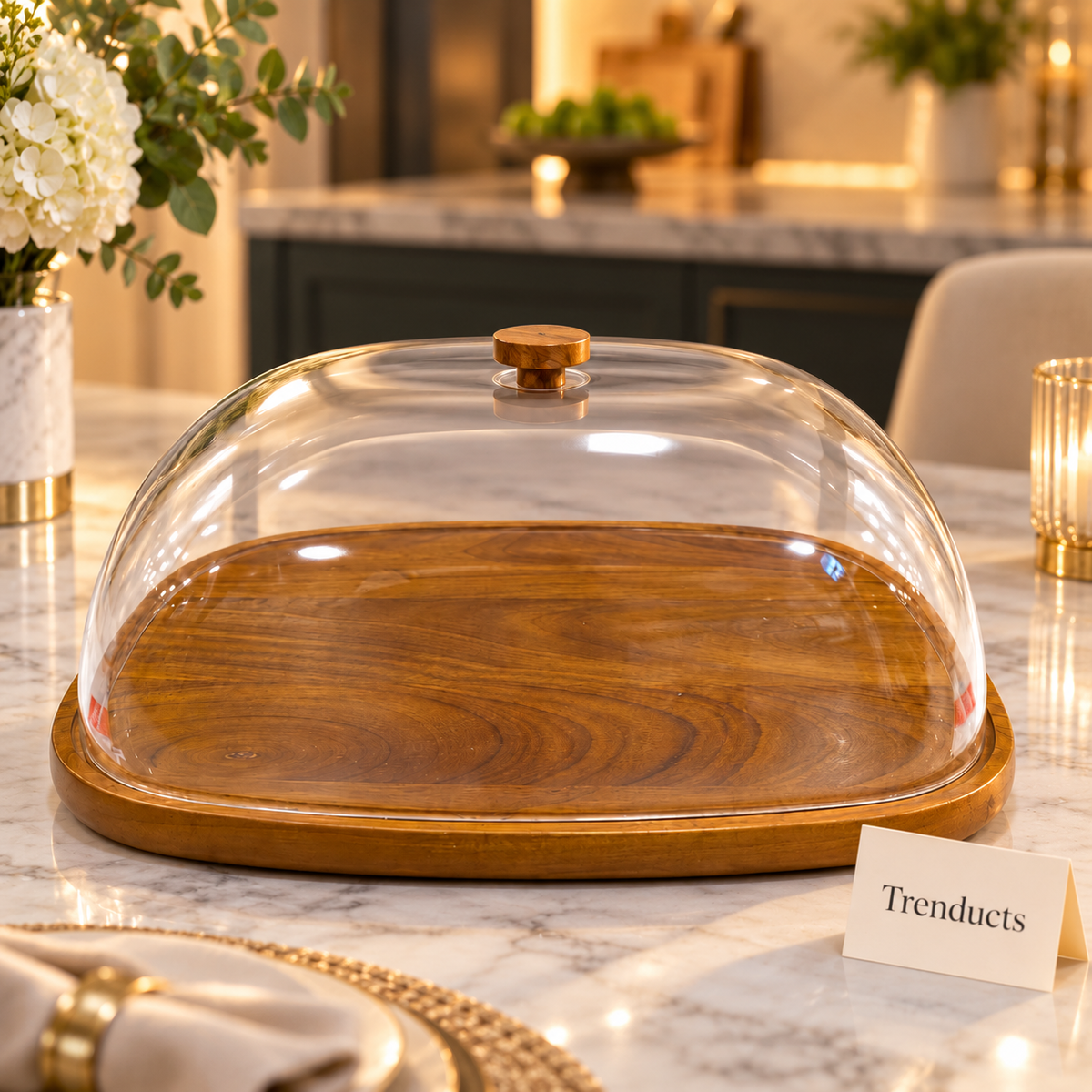 Rectangular Wooden Serving Platter with Dome Cover