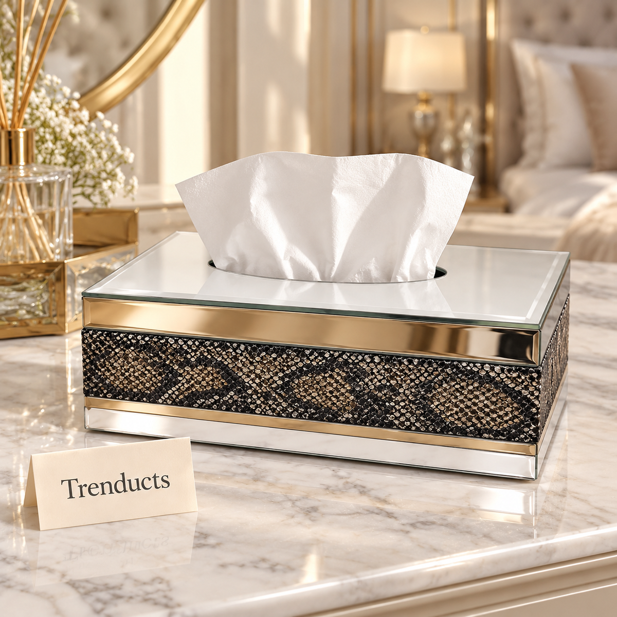 Luxury Tissue Box Cover - White Mirror Glass with Snakeskin Trim