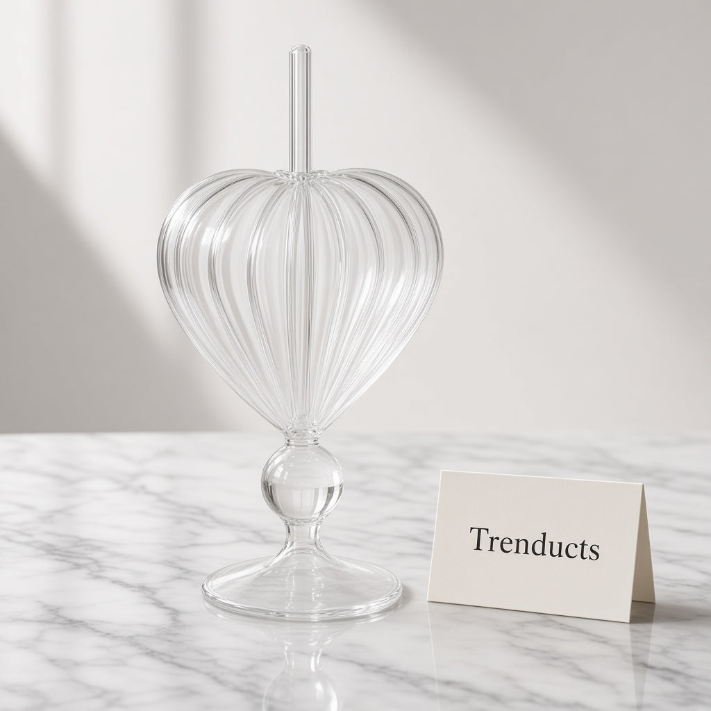 Heart Shaped Glass Cup with Straw - Ribbed 250ml
