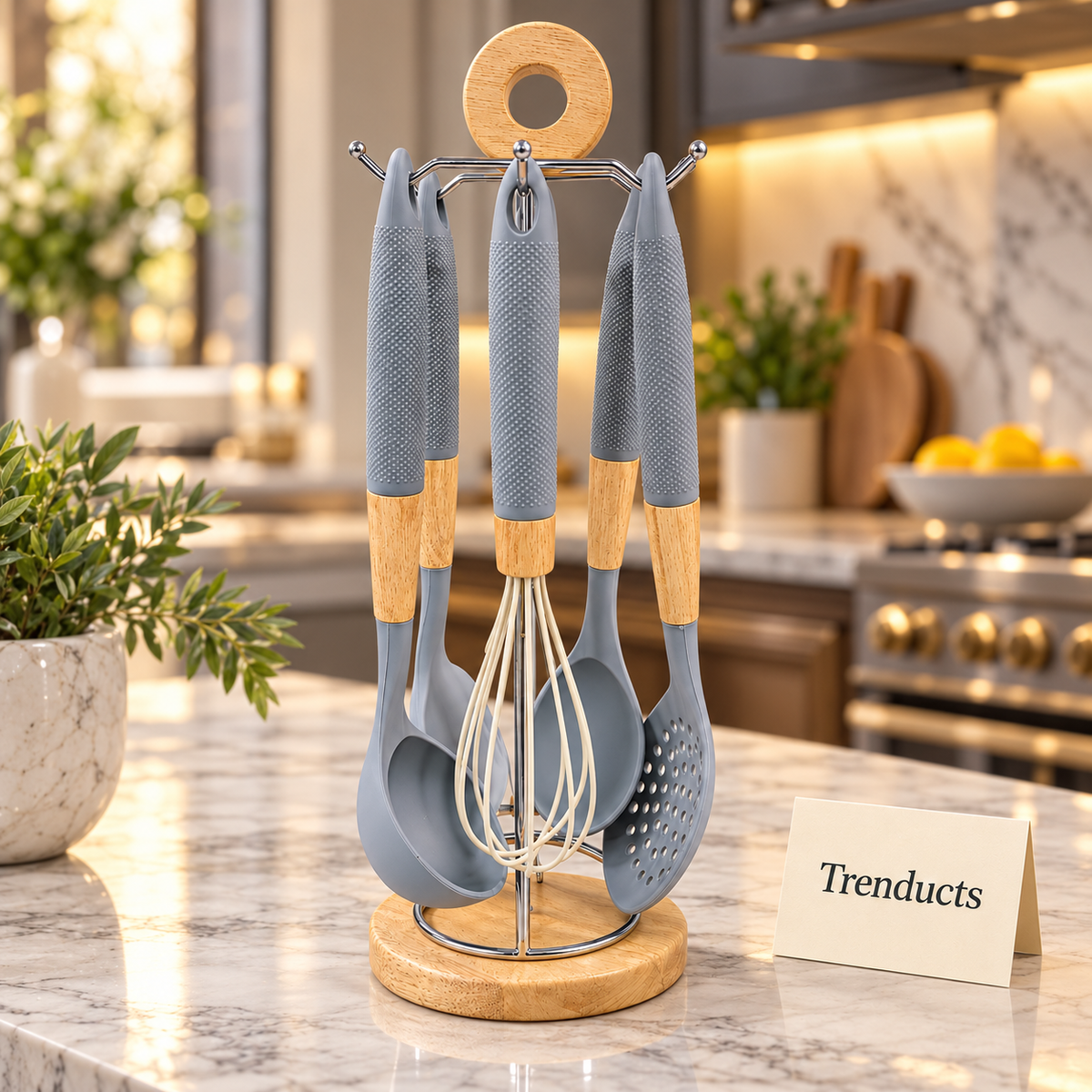 Premium Silicone Kitchen Utensil Set with Stand - Wood Accent Handles