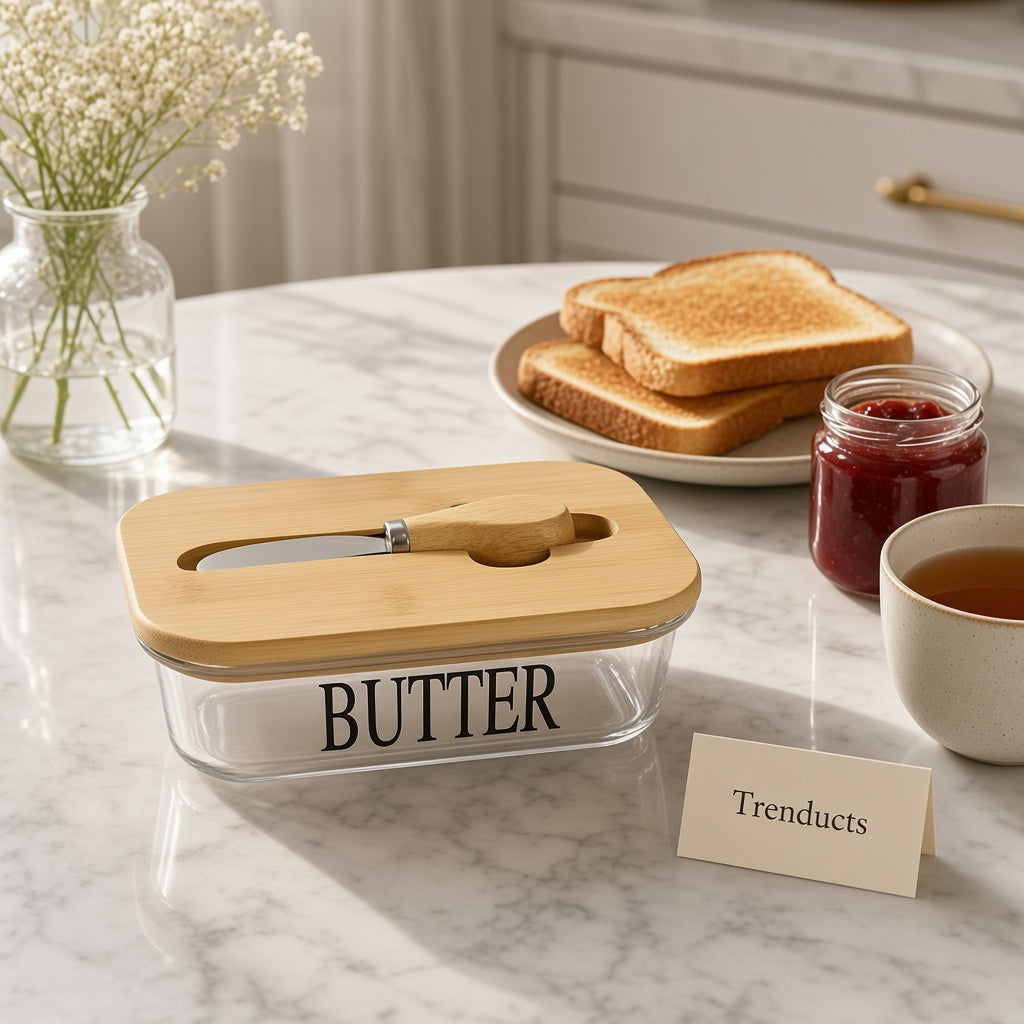 Glass Butter Dish with Bamboo Lid and Butter Knife
