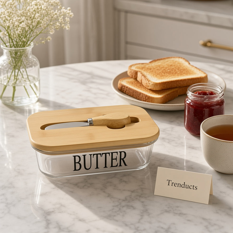 Glass Butter Dish with Bamboo Lid and Butter Knife
