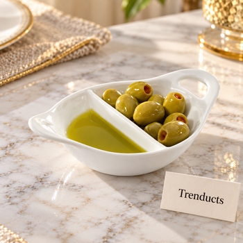 Handled Divided Dip Bowl with olives on a dining table | Trenducts