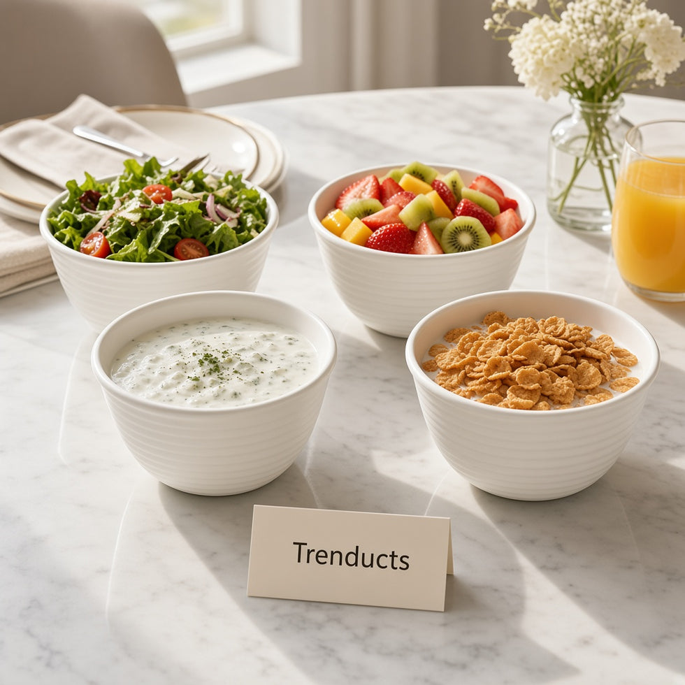 Danny Home Ceramic Salad Bowl Set - 4 Pcs White Ribbed