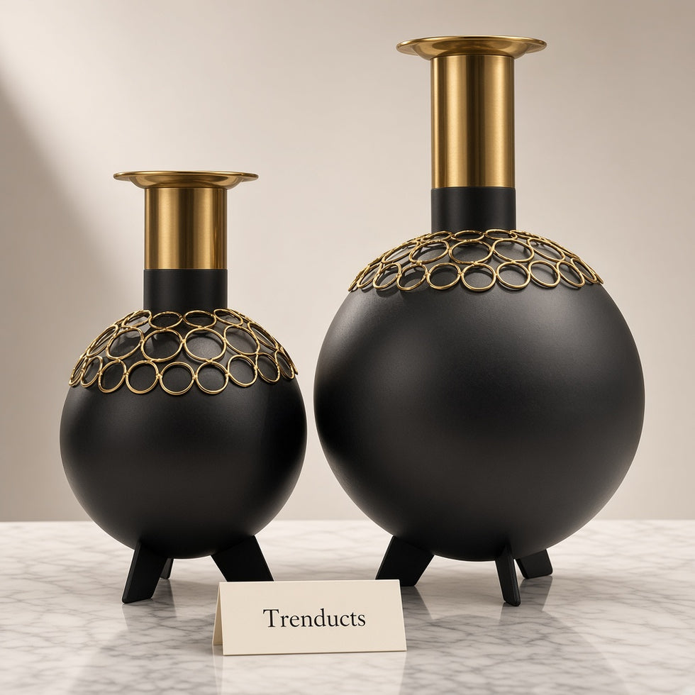 Metal Vase Ball Shape with Gold Neck - Black