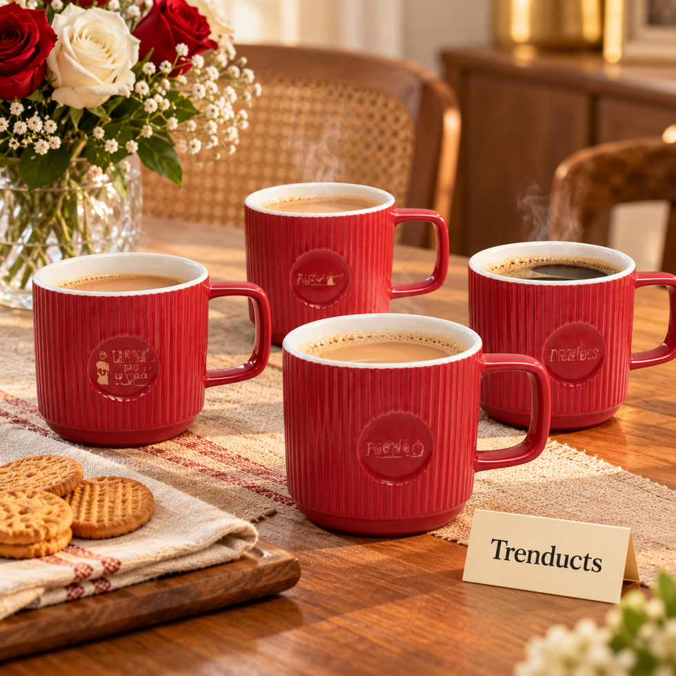 Red Ribbed Ceramic Mug 340 ml - Glossy Finish (Random)