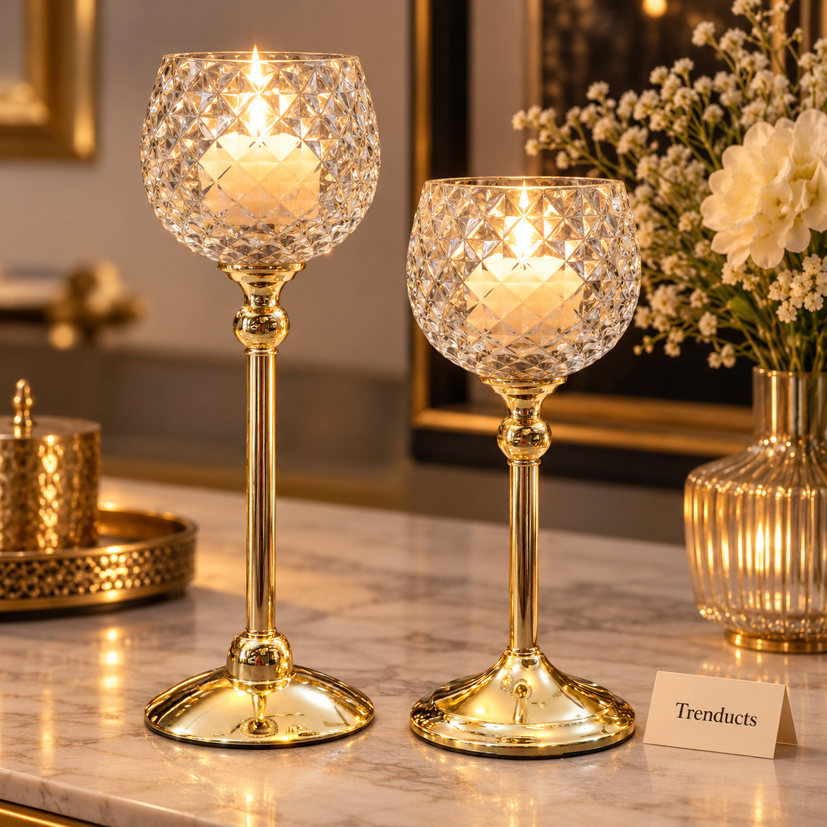 Pedestal Candle Holders - Gold Stem & Clear Faceted Cups