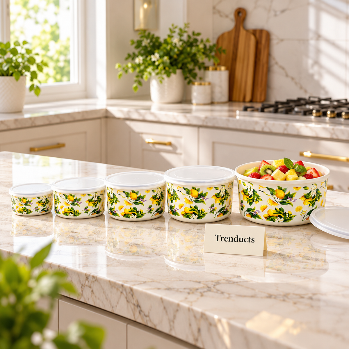 Enamel Fresh Box Set of 5 with Lids - Lemon Print