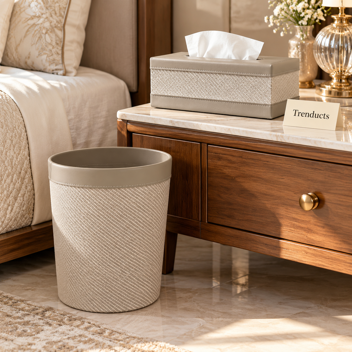 Premium Tissue Box & Box Dustbin - Beige Diagonal Weave