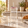 Echou Pink Lid Glass Sipper Tumbler with Straw