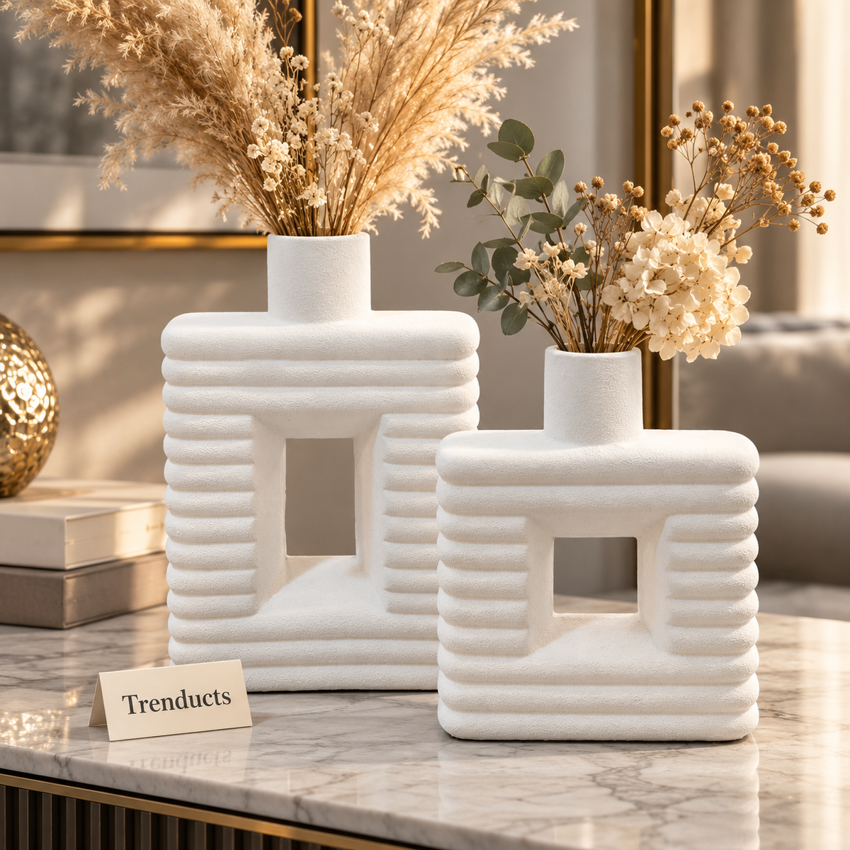 White Sculptural Vase Pair - Ribbed Square Loop Design