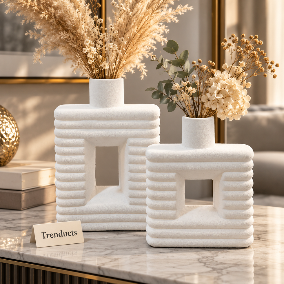 White Sculptural Vase Pair - Ribbed Square Loop Design