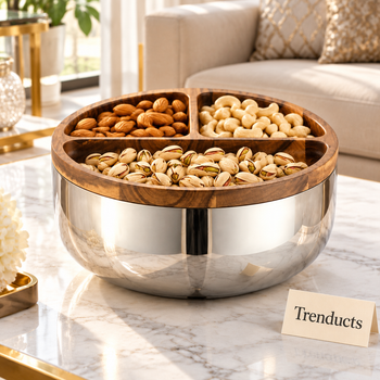 Silver Bowl with Divided Wooden Rim with dry fruits on a table | Trenducts
