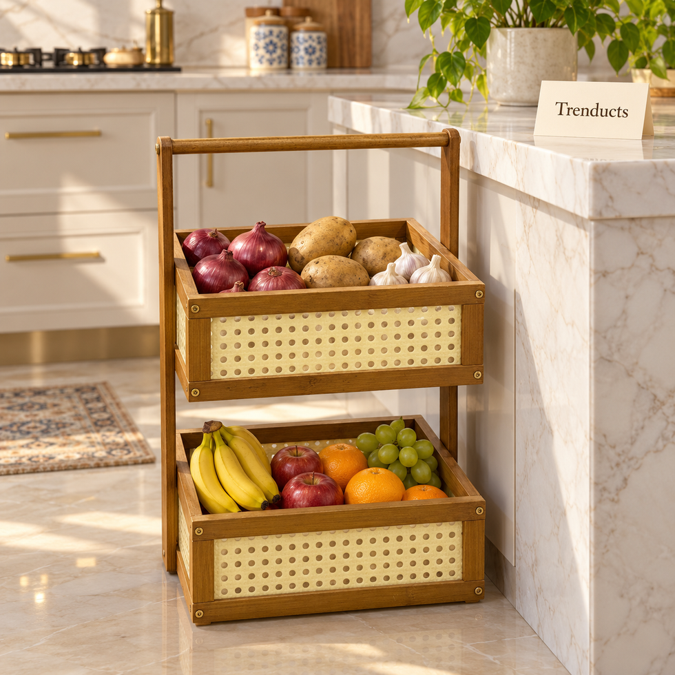 Wooden Trolley Rack - 2 Tier Rattan Basket Storage Stand