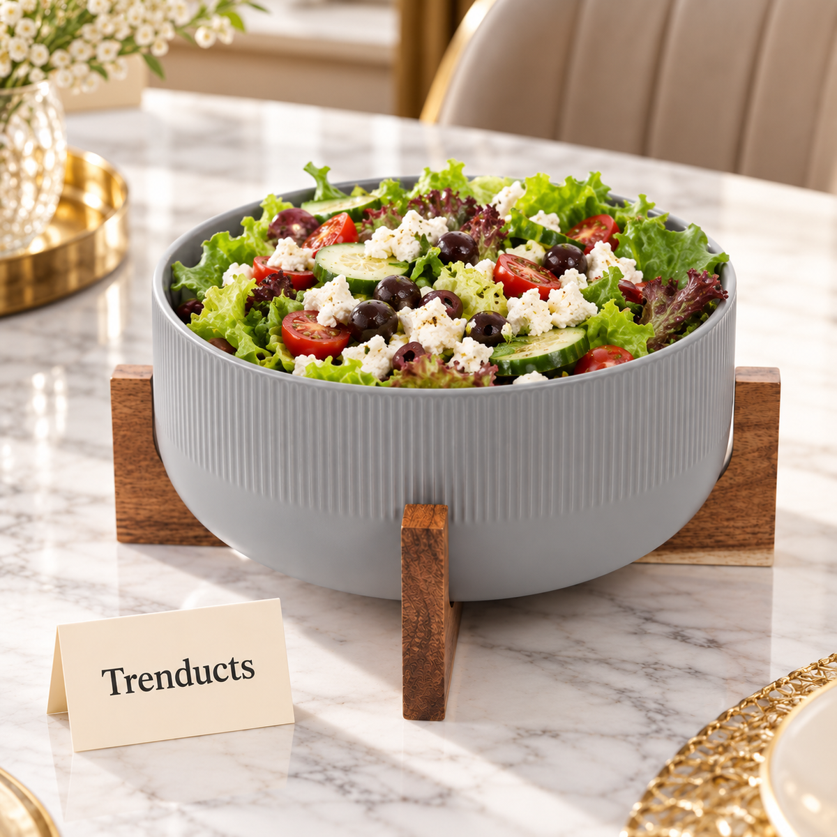 Danny Home Porcelain Salad Bowl 2.7L - Grey with Wood Stand