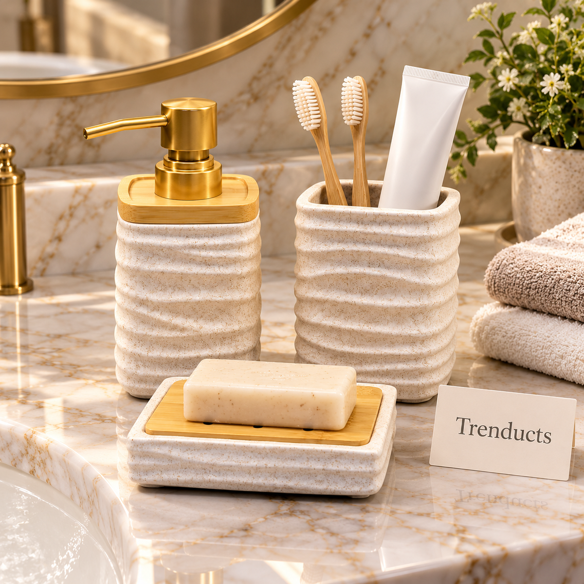 Brilliant Square Bathroom Set 3 Piece - Beige Ribbed