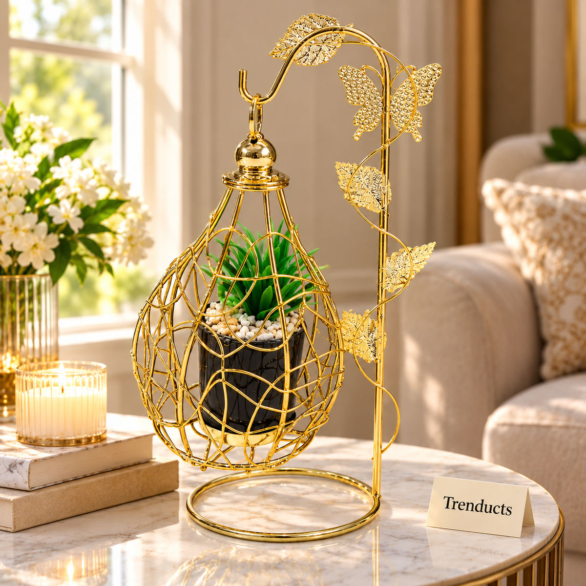 Luxury Decorative Pot Stand - Gold Butterfly Cage