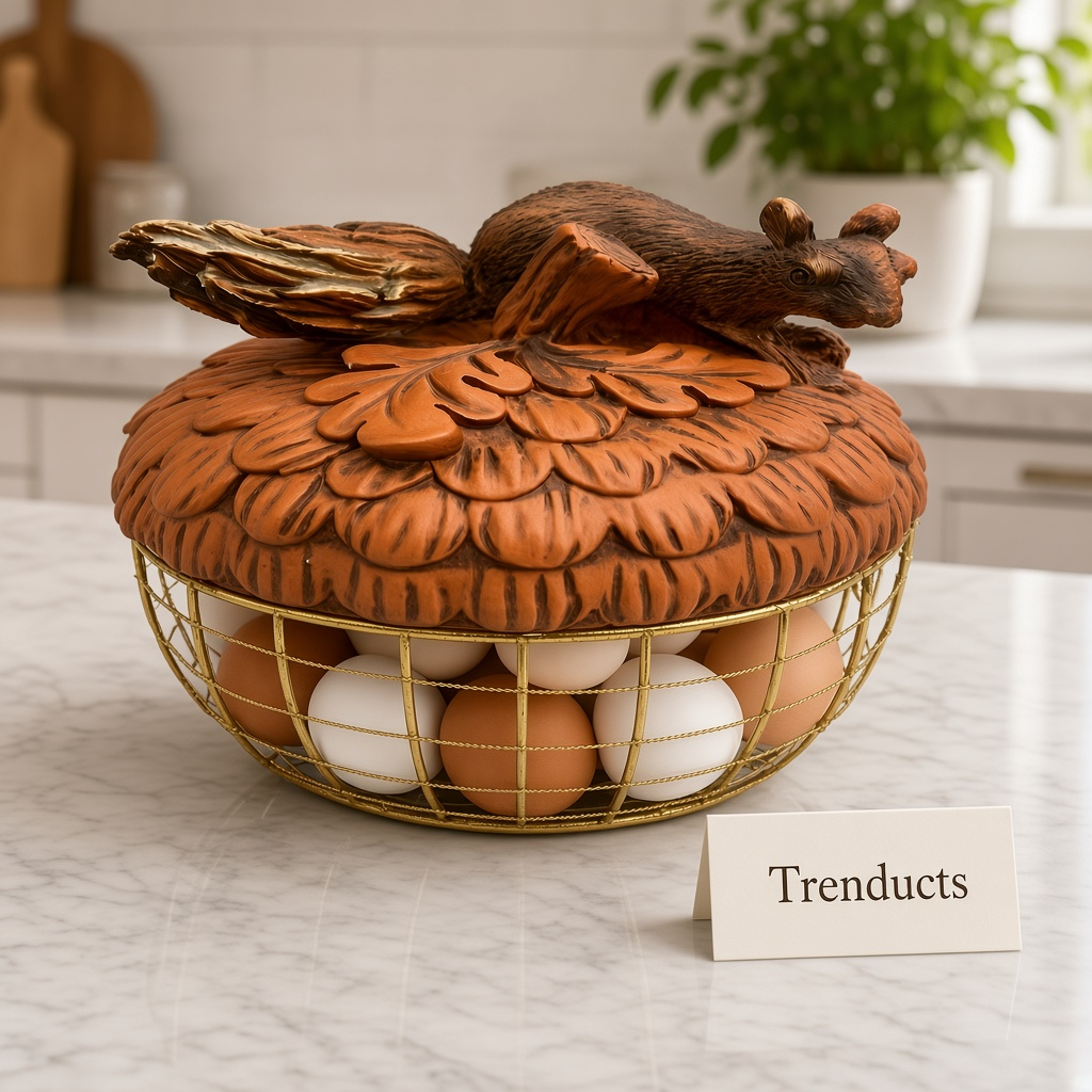 Metal Egg Basket with Fiber Squirrel Lid - Gold & Brown