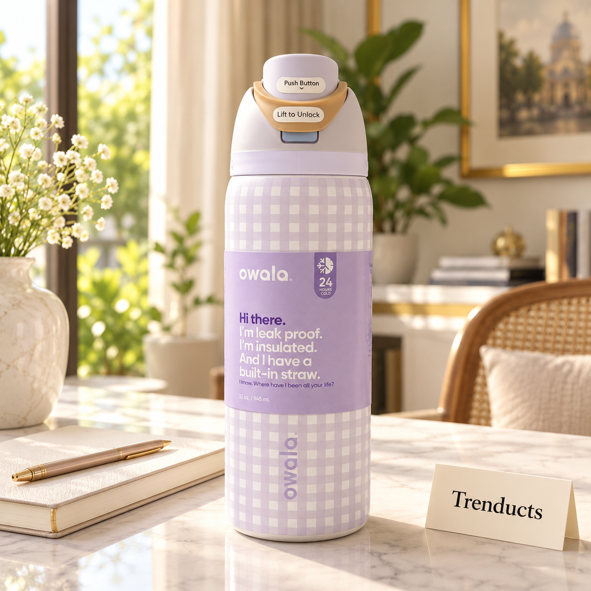 Owala Water Bottle 32 oz - Lavender Gingham Check