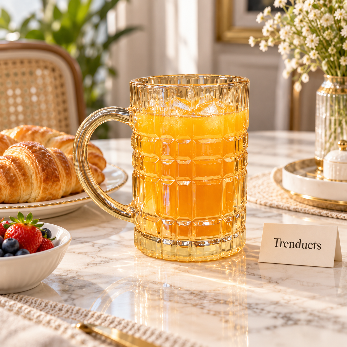 Glass Juice Mug - Gold Tint Checkered Beer Style Mug
