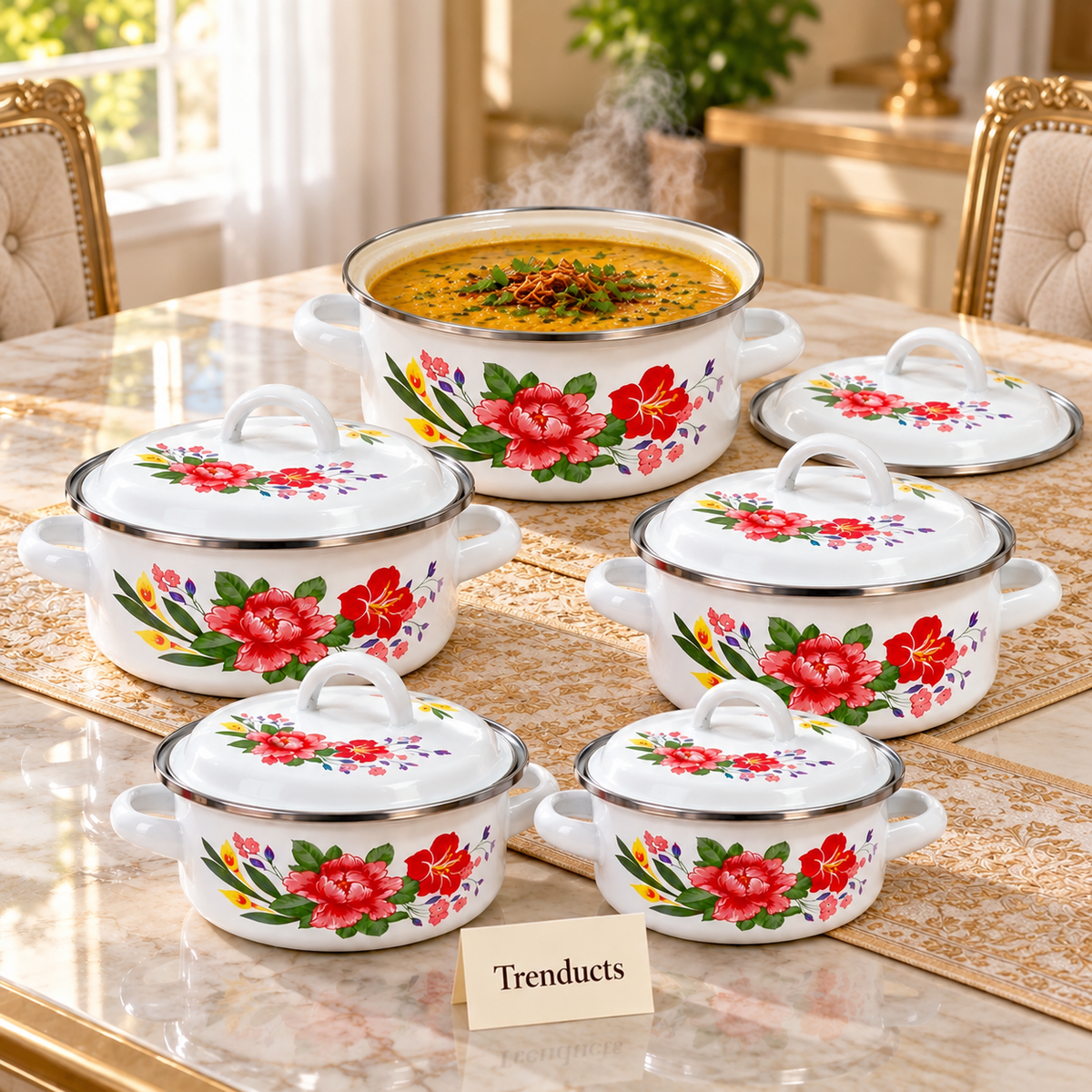 Enamel Casserole Set 5 Pcs - Red Flower Print