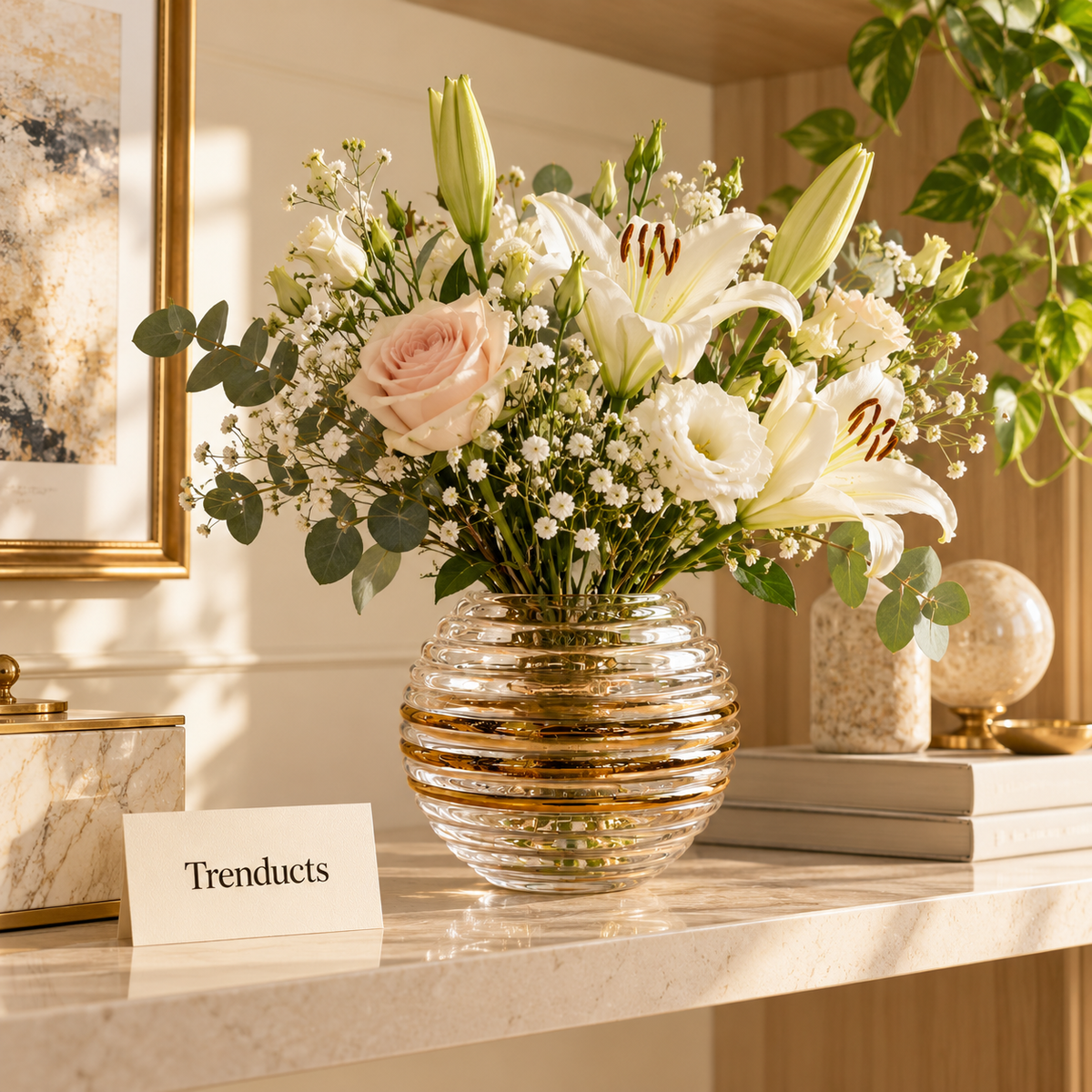 Ribbed Round Glass Vase with Gold Rings - Clear, Without Flowers