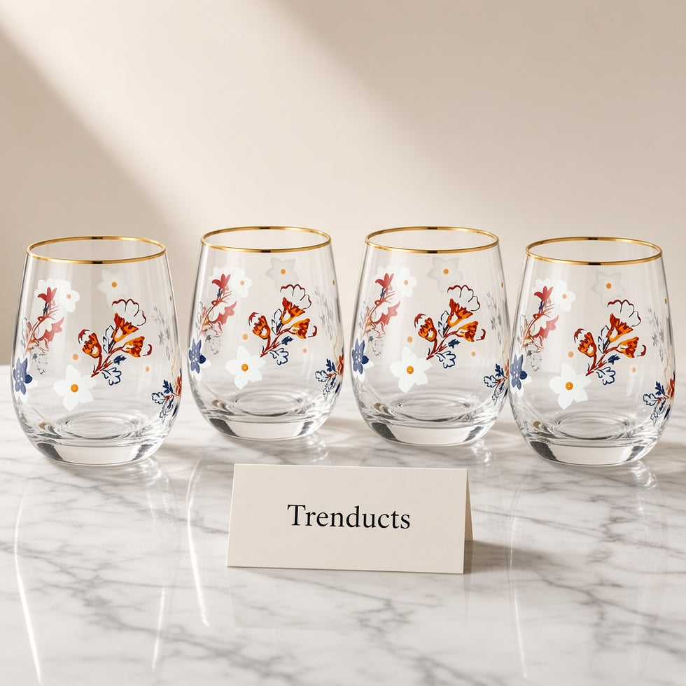 Danny Home Floral Gold Rim Glass Tumbler Set of 4 - 345ml