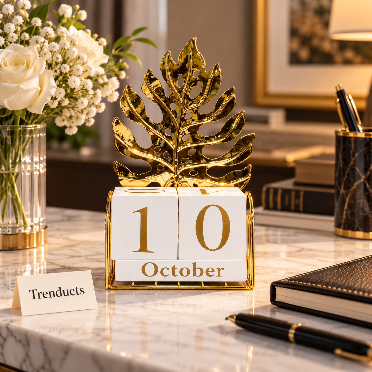 Metal Perpetual Calendar - Gold Leaf Desk Calendar Decor