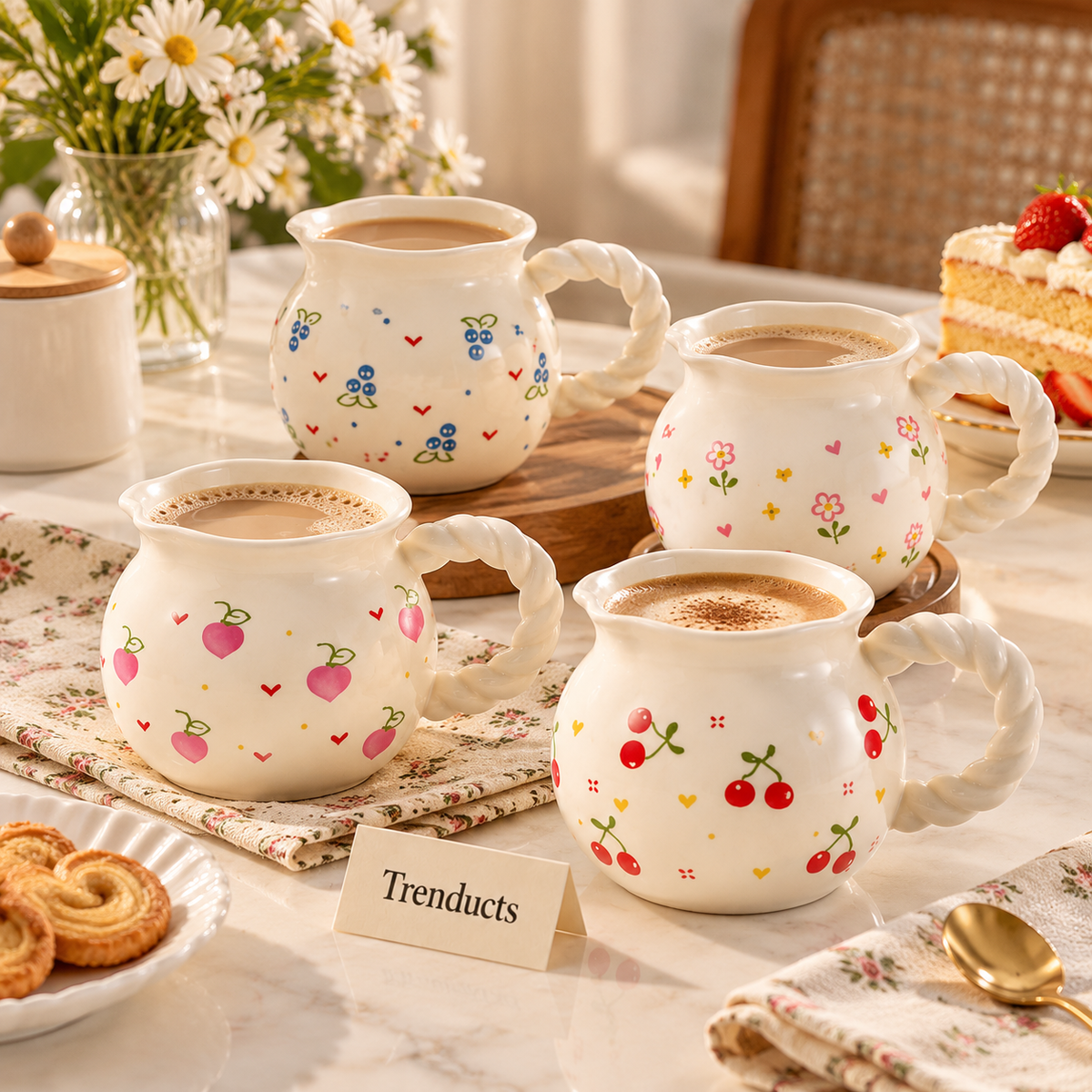 Ceramic Mug with Twisted Rope Handle - Fruit and Floral (each)