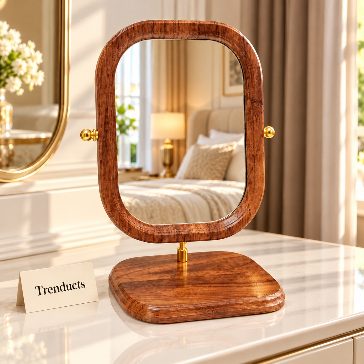 Dressing Table Mirror - Walnut Wood Frame & Gold Stand